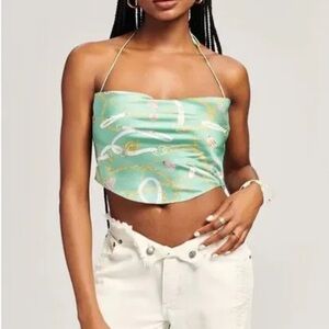 XS - EUC - SEROYA - 95% Silk Ellison Green Nautical Crop Halter Top
